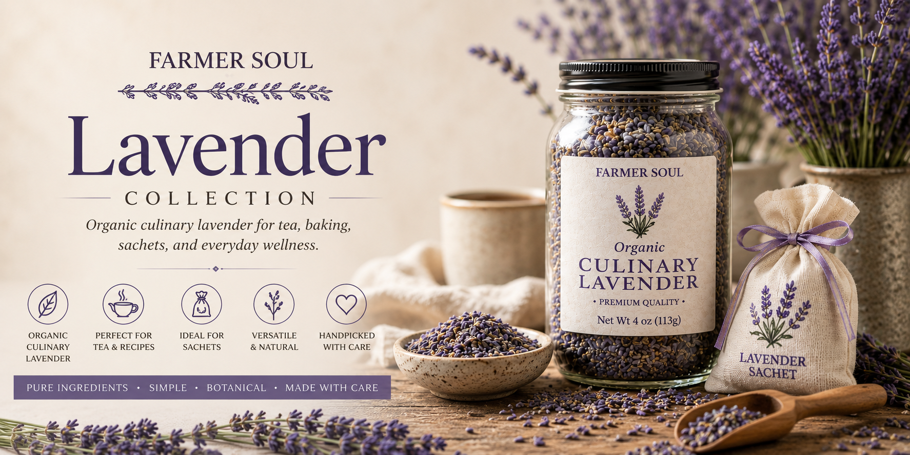 Organic culinary lavender buds by Farmer Soul in a kraft pouch displayed beside loose dried lavender and botanical styling on a rustic natural background.