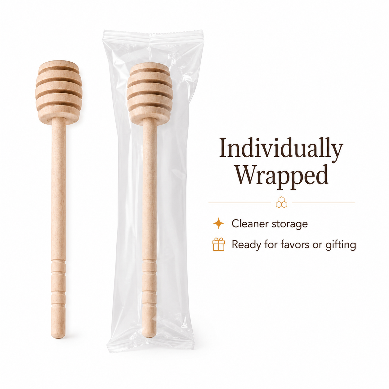 Two wooden honey spoons shown on a white background, with one unwrapped and one individually wrapped in a clear plastic bag. Text on the right reads 'Individually Wrapped' with additional product benefits.