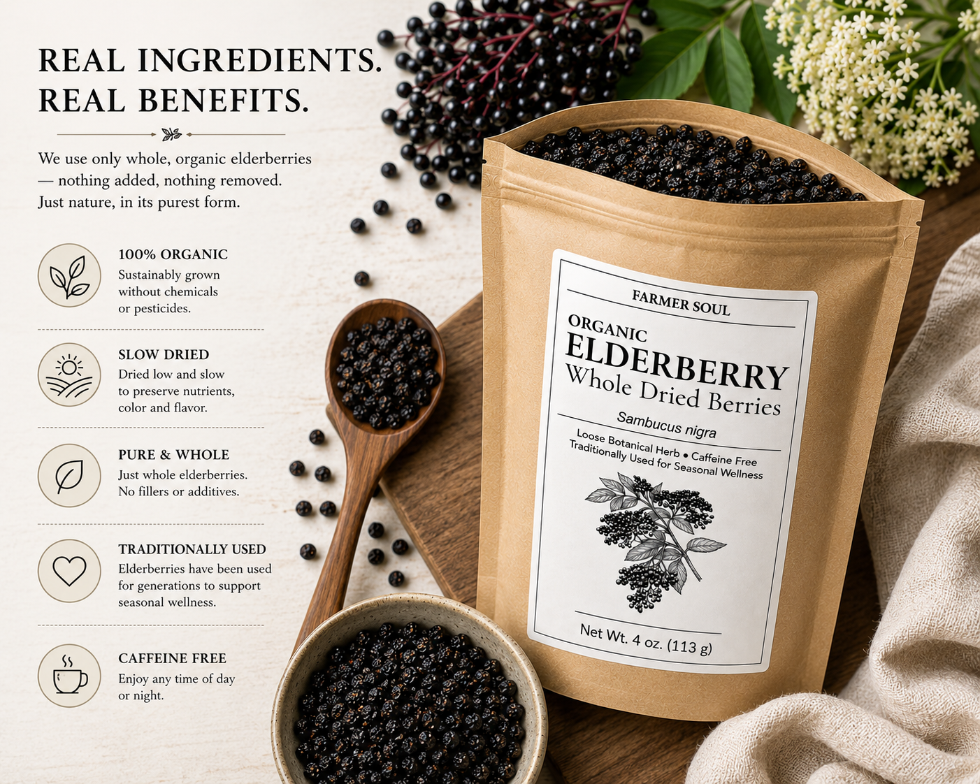 Bag of organic elderberry whole dried berries with ingredients and benefits listed.