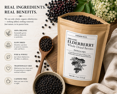 Bag of organic elderberry whole dried berries with ingredients and benefits listed.