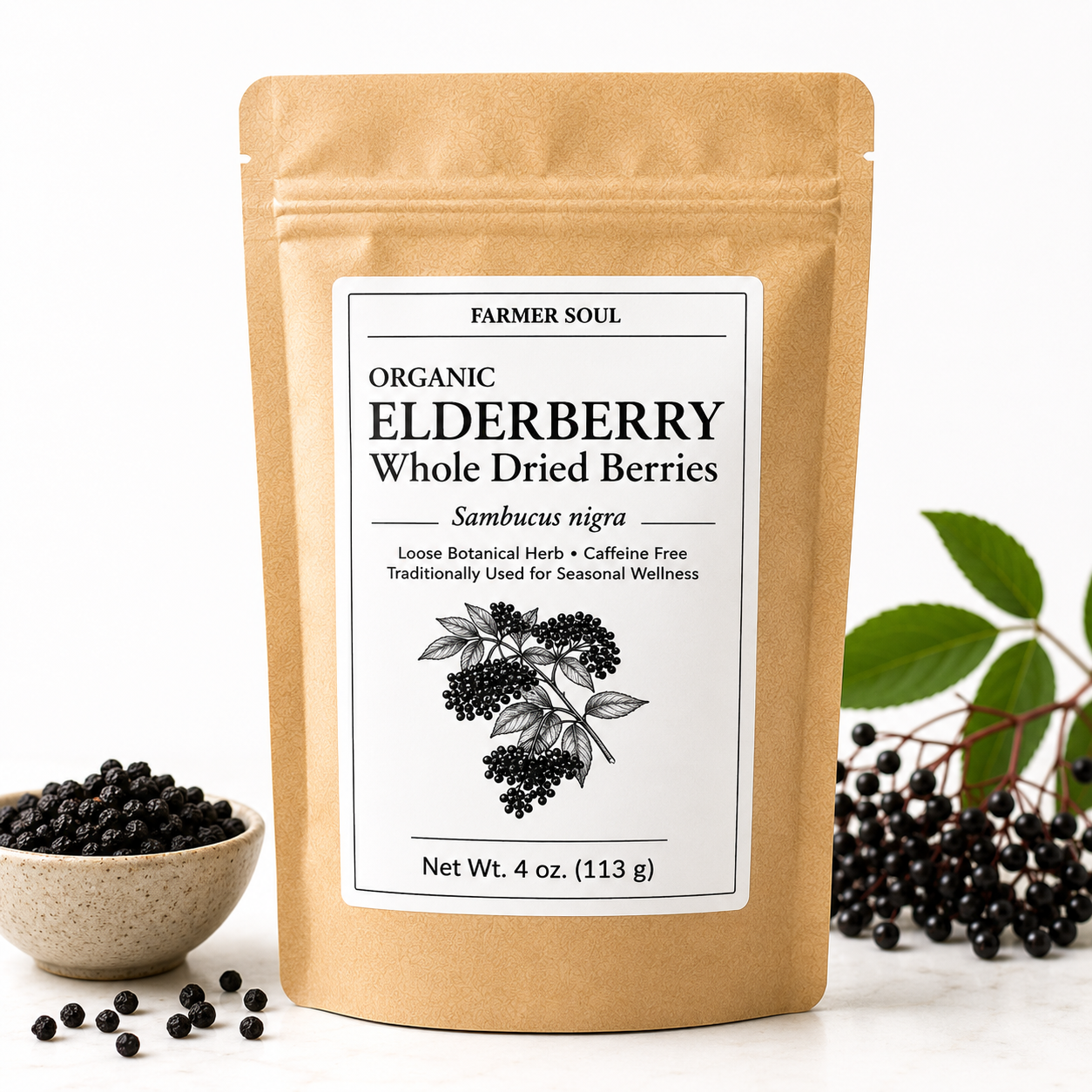 Kraft paper packaging of organic elderberry whole dried berries with a label on a white background.
