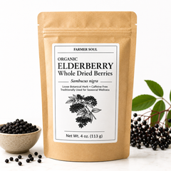 Kraft paper packaging of organic elderberry whole dried berries with a label on a white background.
