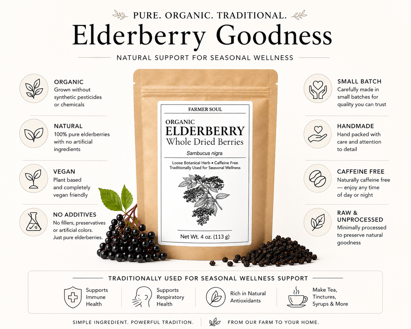 Package of organic elderberry whole dried berries with label on a white background