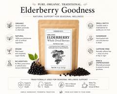 Package of organic elderberry whole dried berries with label on a white background