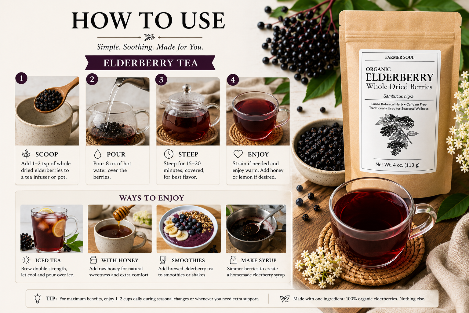 Instructions on how to use elderberry tea with a package of elderberry tea bags.
