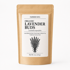 A stand-up kraft paper pouch of Farmer Soul Organic Lavender Buds on a clean white background. The front label is white with black text and a black line drawing of a lavender bouquet.