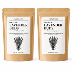 Two stand-up kraft paper pouches of Farmer Soul Organic Lavender Buds with white labels and black text, shown side by side on a white background.