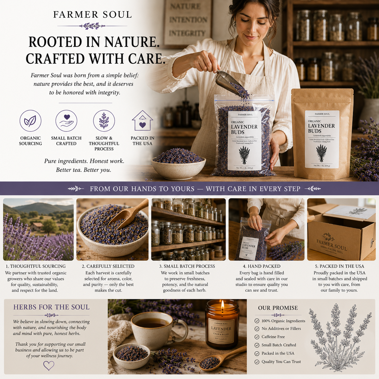Farmer Soul bulk organic culinary lavender buds brand story showing thoughtful sourcing, small-batch handling, hand packing, and packing in Las Vegas, Nevada.