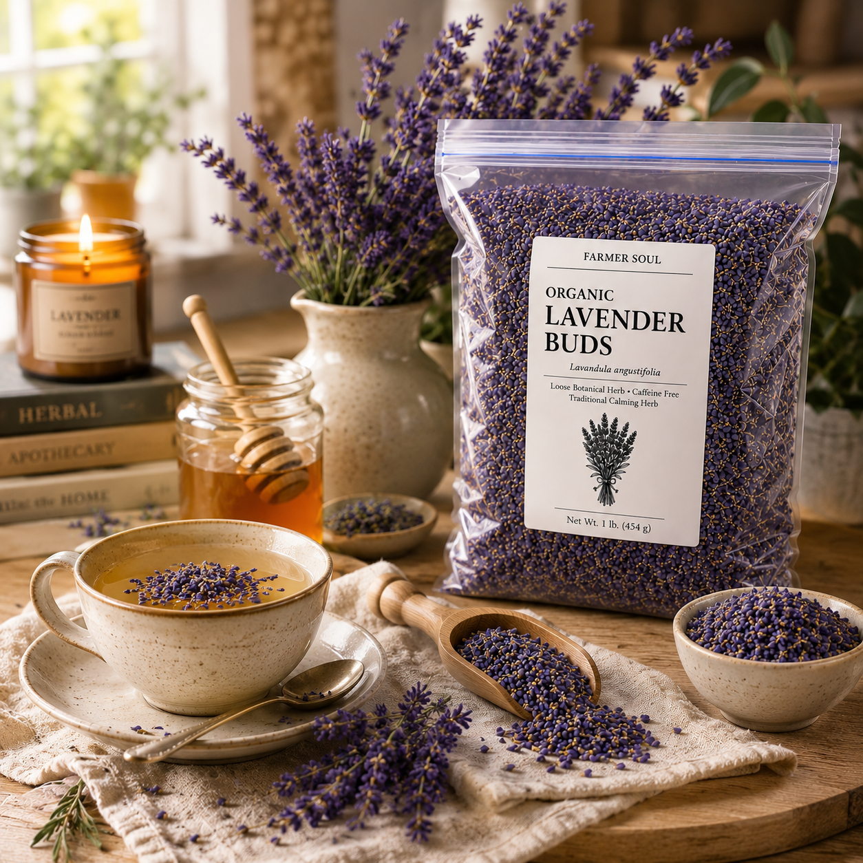 Farmer Soul bulk organic culinary lavender buds displayed in a warm kitchen with lavender tea, honey, fresh lavender, and a wooden scoop.
