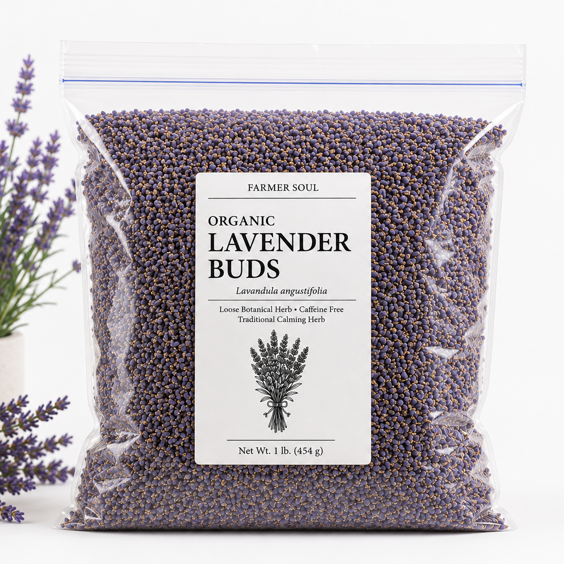 Farmer Soul Organic Culinary Lavender Buds, 1 lb (454 g) bulk resealable bag of whole dried Lavandula angustifolia flowers for tea and baking.