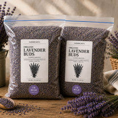 Farmer Soul Organic Culinary Lavender Buds, 2 lb (907 g) supplied as two 1 lb resealable bags, shown on a wooden surface with loose lavender sprigs, a wooden scoop, and a metal canister.