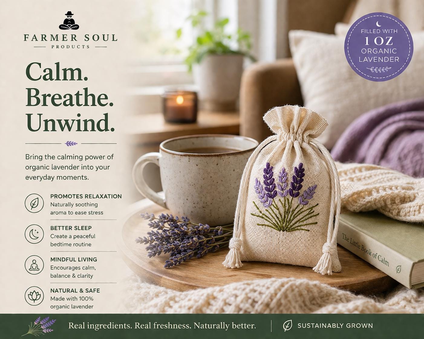 Lavender bag with a cup of tea and book on a wooden table, featuring Farmer Soul Products branding.