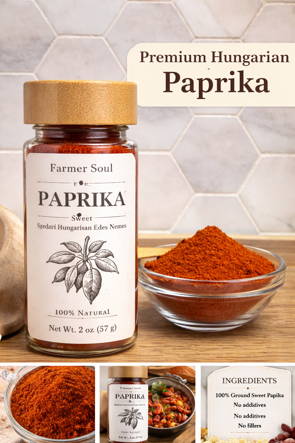 Paprika powder in glass bowl with wooden scoop on rustic kitchen surface