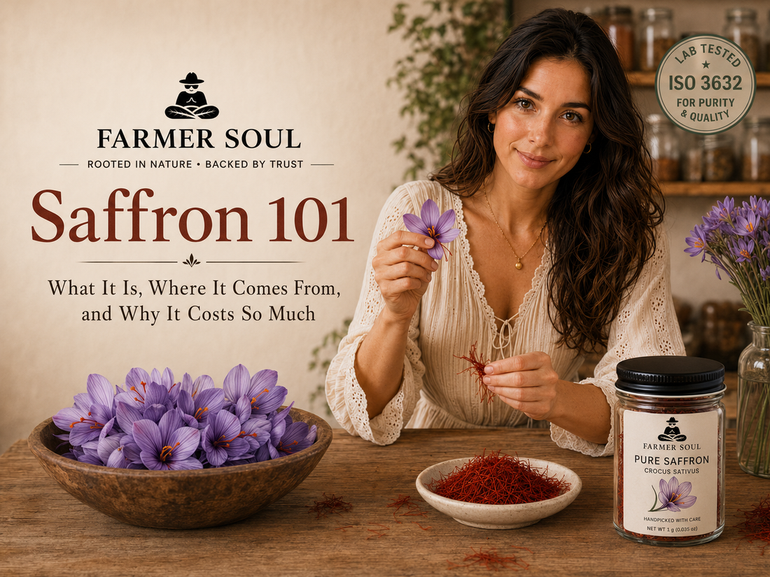 Farmer Soul Saffron 101 cover with saffron crocus flowers, red saffron threads, product jar, and rustic kitchen model.