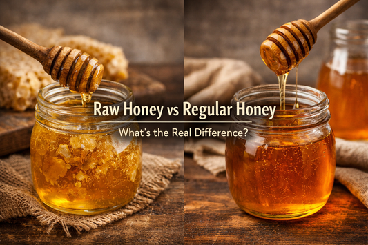 Raw honey vs regular honey comparison with two jars showing crystallized raw honey and clear processed honey.