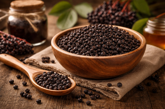 Dried elderberries in a rustic wooden bowl used for making elderberry syrup and herbal tea.