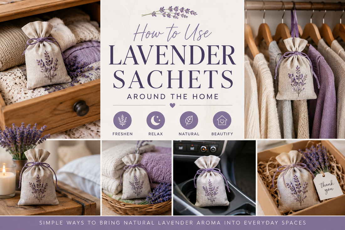 Lavender sachets displayed in drawers, closets, bedrooms, cars, and gift baskets with dried lavender buds and cozy home decor in a warm botanical lifestyle collage.