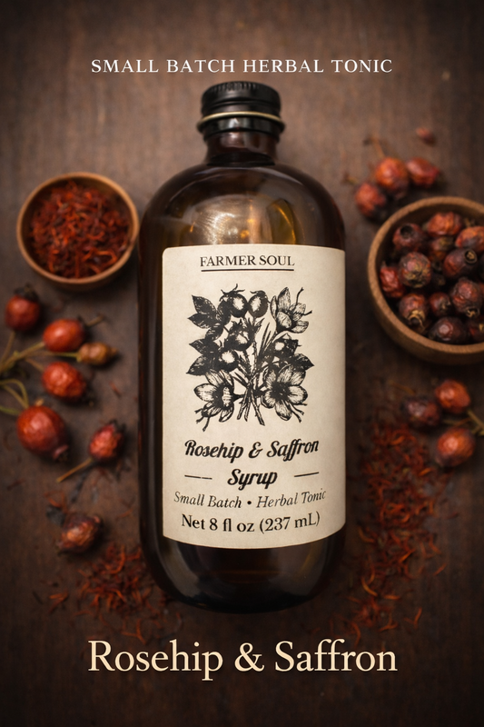 Farmer Soul Rosehip and Saffron Syrup 8 oz glass bottle