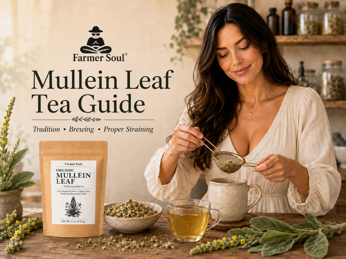 Farmer Soul mullein leaf tea guide cover with organic mullein pouch, herbal tea, fine mesh strainer, and woman preparing tea in a rustic kitchen.