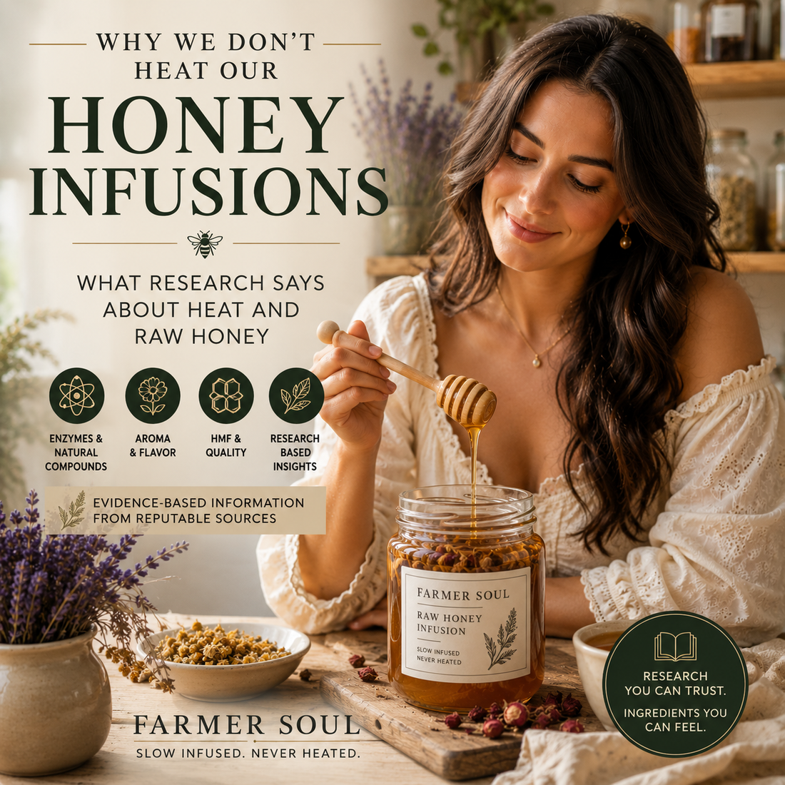 Farmer Soul raw honey infusion with a woman holding a honey dipper in a warm rustic kitchen, illustrating research on heat and raw honey.
