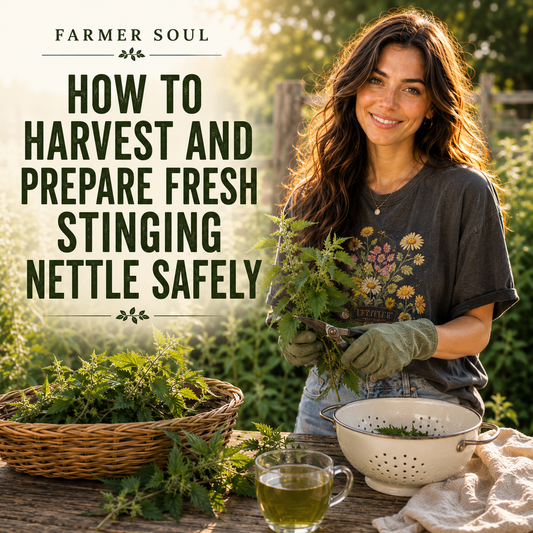 Woman wearing gardening gloves harvesting fresh stinging nettle in a golden-hour farm garden for a Farmer Soul safety guide