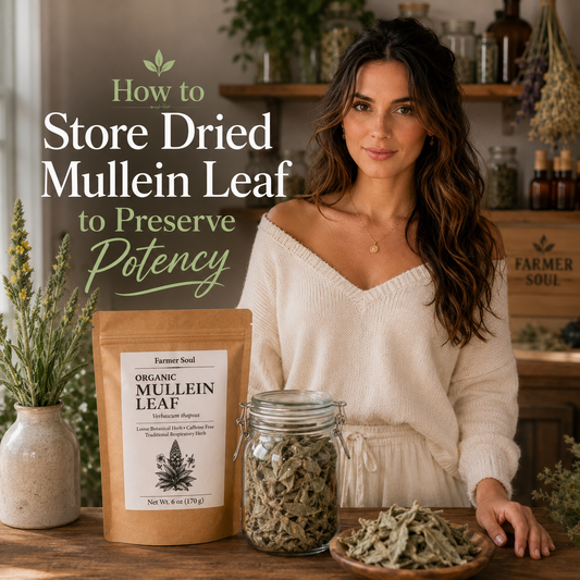 Attractive woman standing with Farmer Soul Organic Mullein Leaf, an airtight glass jar, and dried mullein in a rustic herbal kitchen.
