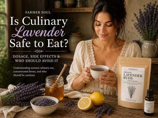 Woman holding lavender tea beside Farmer Soul organic lavender buds honey lemon dried lavender and essential oil in a rustic kitchen