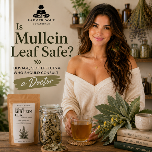 Smiling woman holding mullein tea beside Farmer Soul Organic Mullein Leaf, dried mullein, and herbal books in a warm botanical kitchen.
