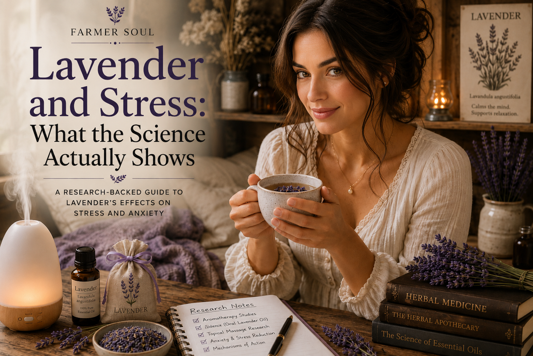 Woman holding lavender tea beside diffuser, lavender essential oil, sachet, dried lavender buds, research notes, and herbal books for a lavender and stress science article