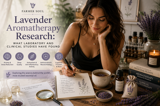 Woman writing notes beside lavender tea, lavender essential oil, dried lavender buds, sachet, and research books for a lavender aromatherapy research article