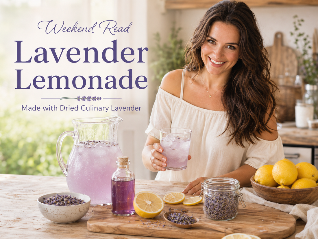Woman serving lavender lemonade with fresh lemons, lavender syrup, dried lavender buds, and summer drinks in a bright kitchen