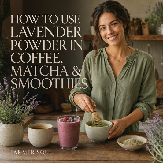 Woman preparing lavender matcha beside coffee and a berry smoothie.