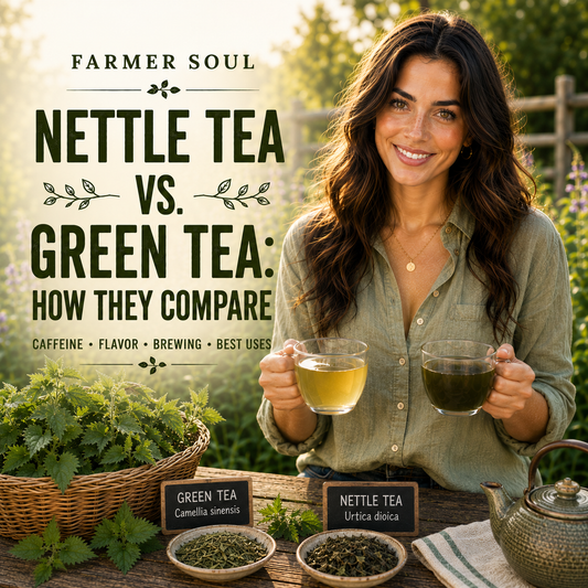 Woman holding cups of nettle tea and green tea in a golden-hour herb garden for a Farmer Soul comparison guide