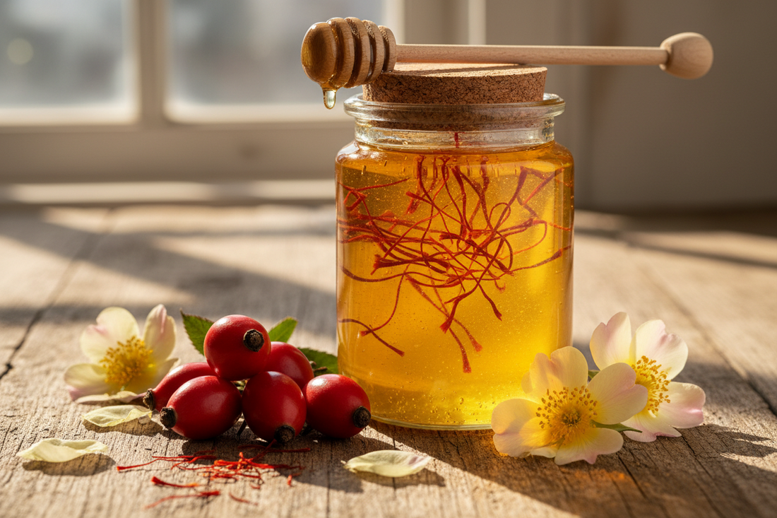 Farmer Soul Rosehip and Saffron raw honey infusion in a premium amber glass bottle with a minimalist black label.