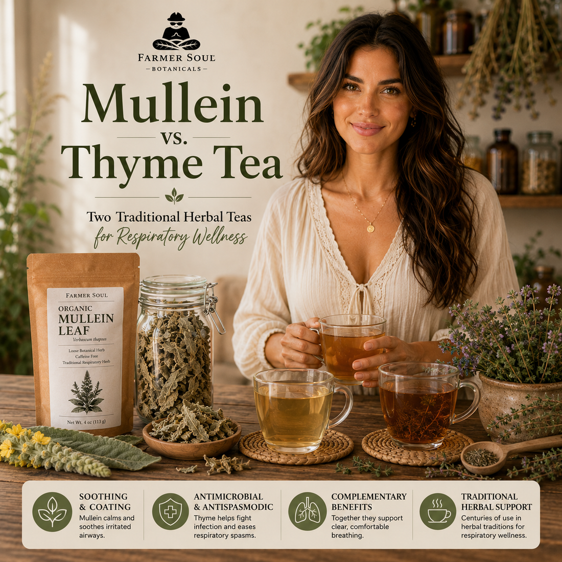 Smiling woman holding herbal tea beside Farmer Soul Organic Mullein Leaf, dried mullein, and fresh thyme in a warm botanical kitchen.