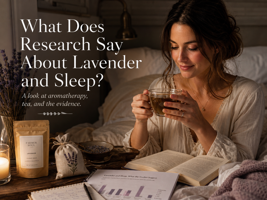 Woman drinking lavender tea at bedtime with dried lavender buds, lavender sachet, Farmer Soul lavender pouch, candle, book, and sleep research notes.