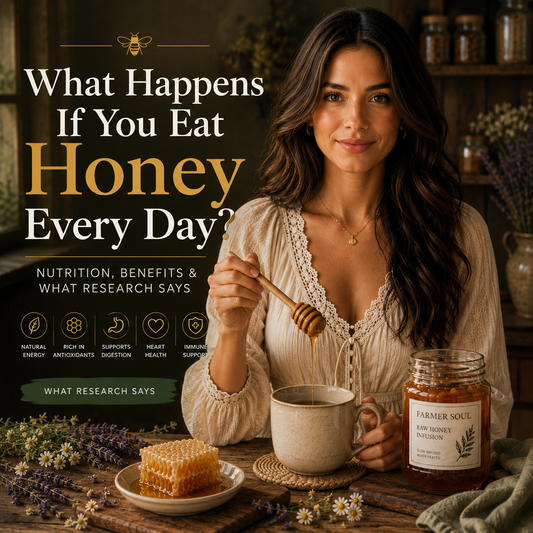 Woman holding a honey dipper beside Farmer Soul raw honey in a rustic kitchen for an article about daily honey consumption, nutrition, and research.