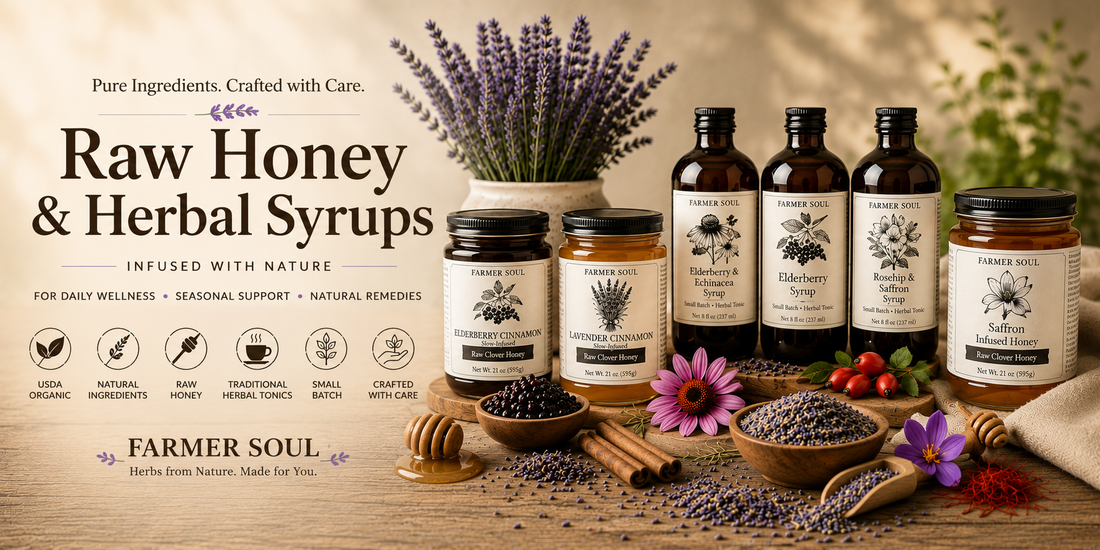 Raw honey and herbal syrup infusions collection from Farmer Soul
