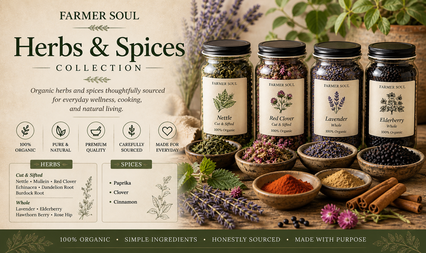 Organic herbs and spices collection banner featuring Farmer Soul botanical products including nettle, red clover, lavender, elderberry, paprika, and cinnamon in rustic glass jars with natural earthy styling.