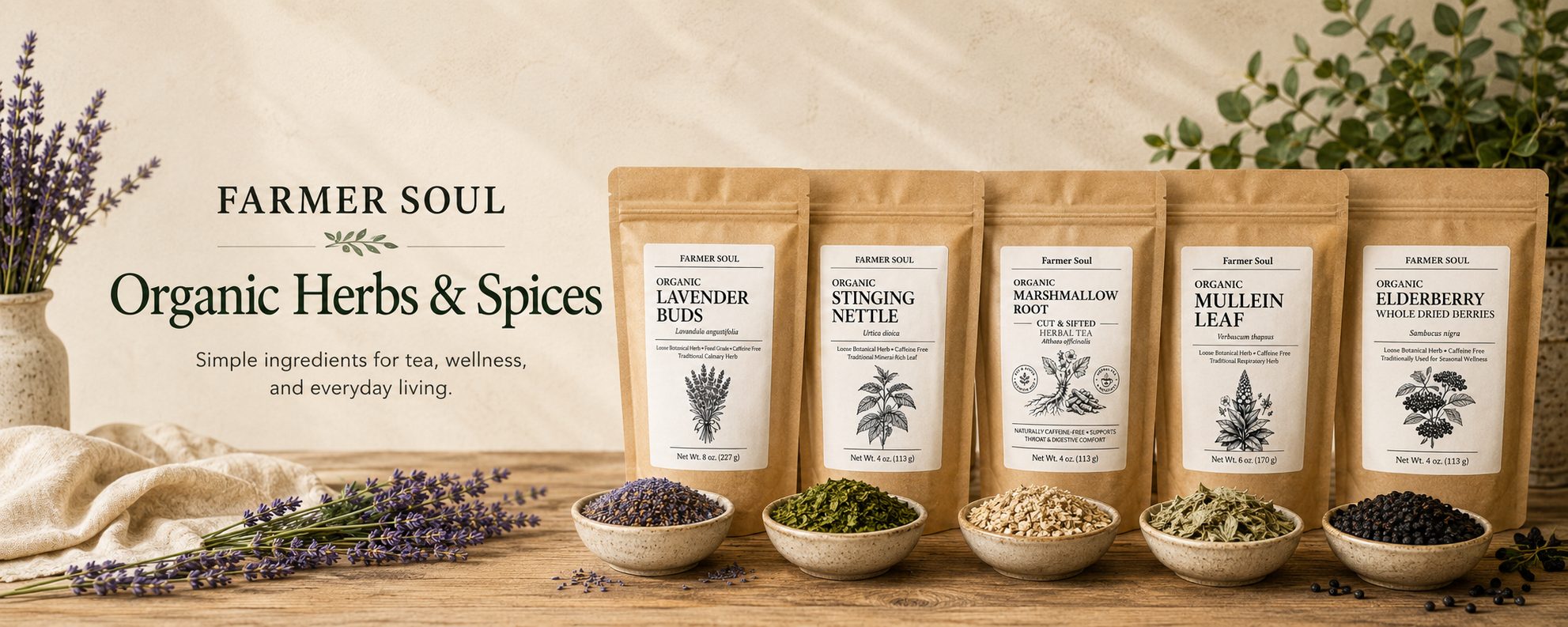 Organic herbs and spices collection — elderberry, nettle, mullein, echinacea, lemon balm and more from Farmer Soul