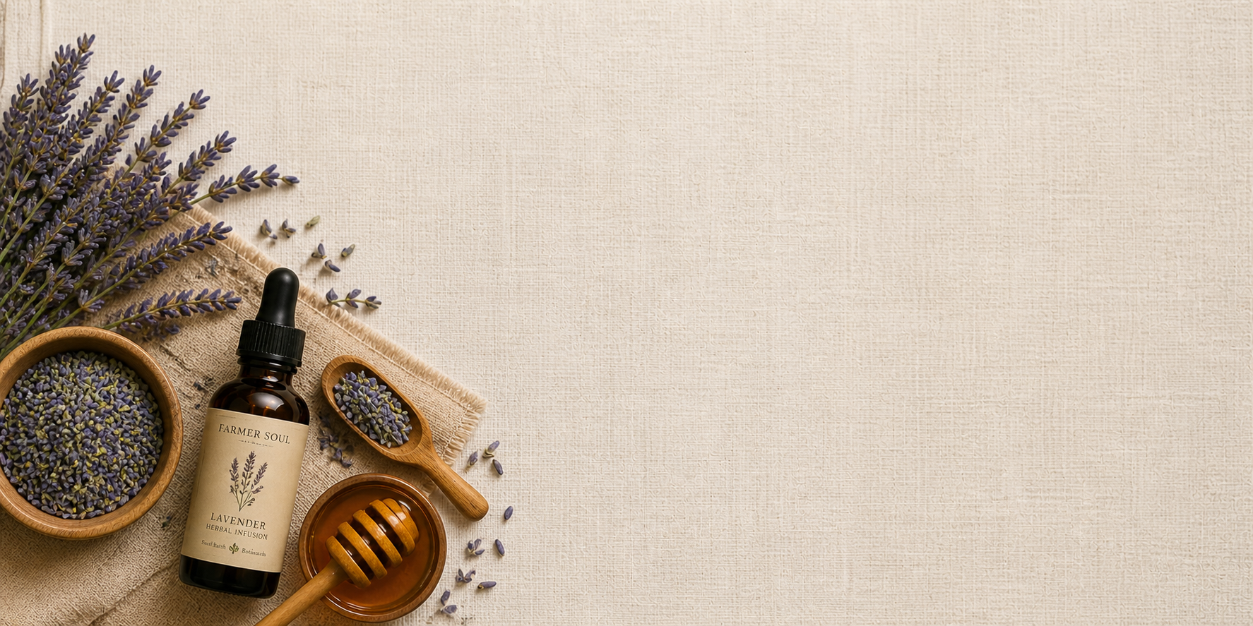 Farmer Soul Herbal products including a bottle, bowl, and honey dipper on a textured beige background