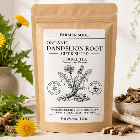 Bag of Farmer Soul Organic Dandelion Root with dandelion plants and a bowl of roots in the background.