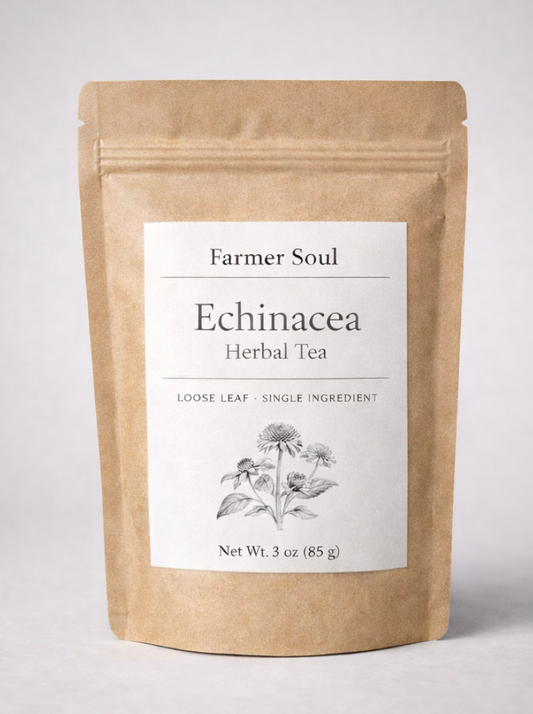 Two packages of 'Farmer Soul' herbal tea on a light gray background