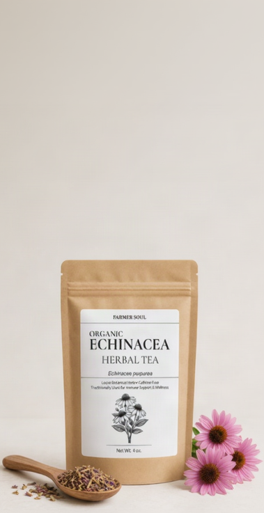 A kraft paper stand-up pouch of Farmer Soul Organic Echinacea Herbal Tea stands on a light neutral surface, with a small wooden spoon of loose dried tea in front and pink echinacea flowers to the right.