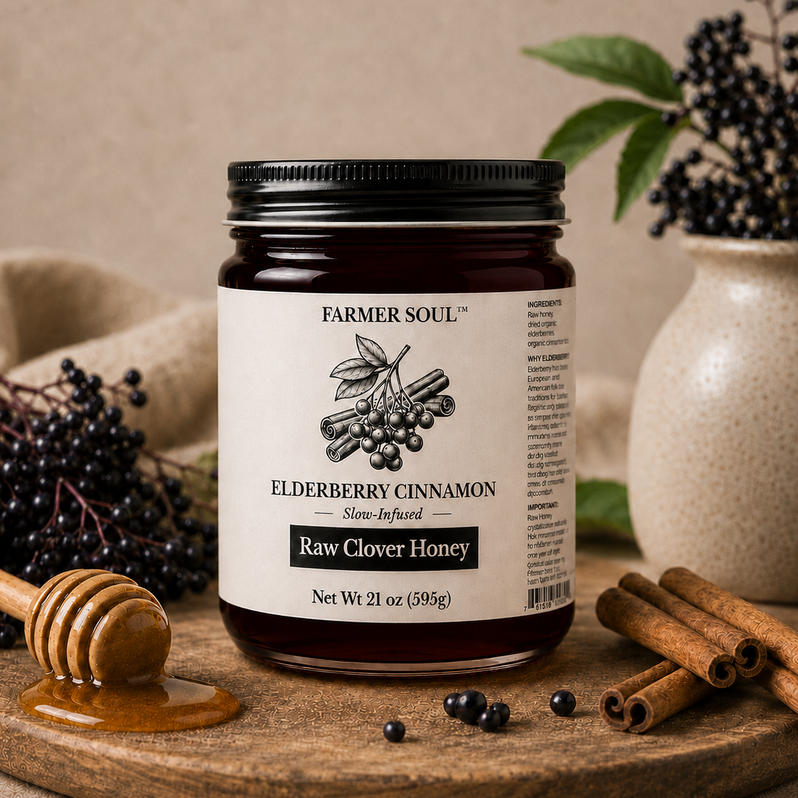 Elderberry Cinnamon Raw Clover Honey Infusion