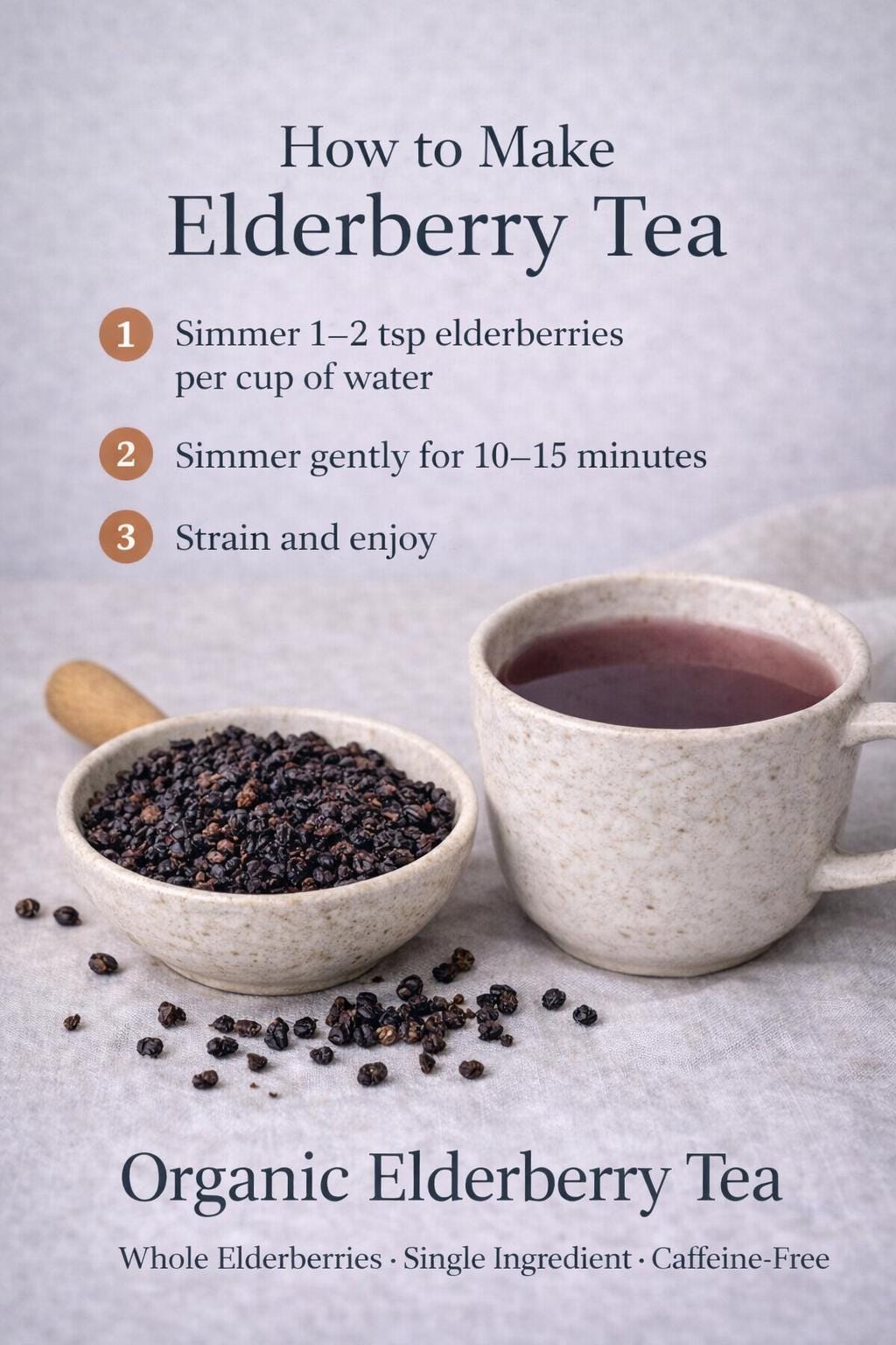 Instructions on how to make elderberry tea with a cup of tea and bowl of elderberries on a light background.