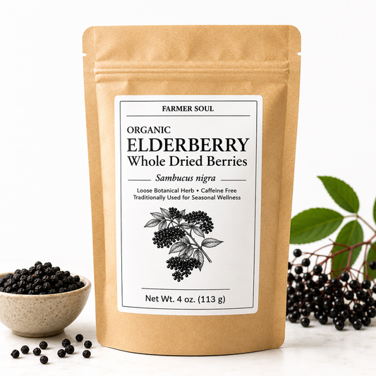 Kraft paper packaging of organic elderberry whole dried berries with a label on a white background.