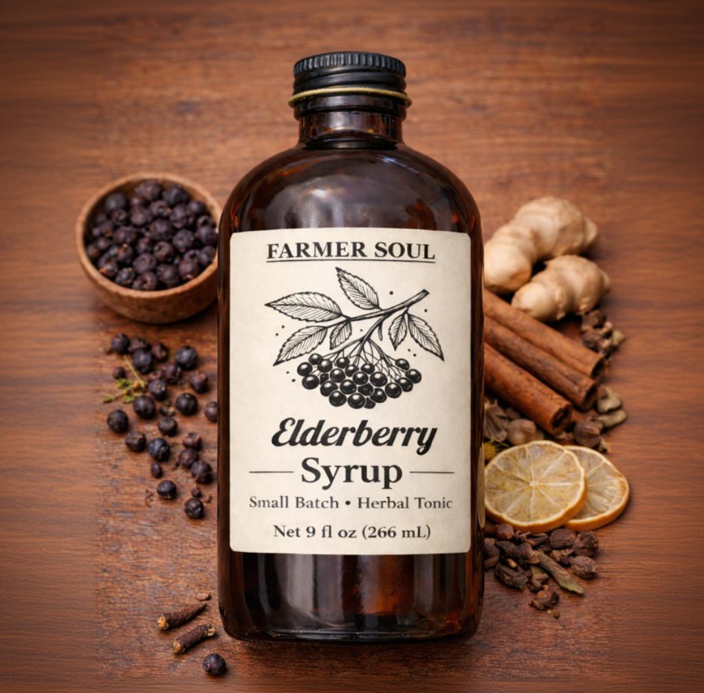 Bottle of Farmer Soul Elderberry Syrup on a wooden surface with ingredients.