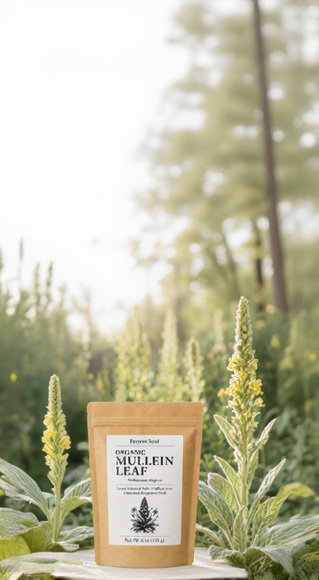 A stand-up pouch of Farmer Soul Organic Mullein Leaf herb is displayed on a stone slab outdoors, surrounded by green plants and yellow flowers in a garden setting.