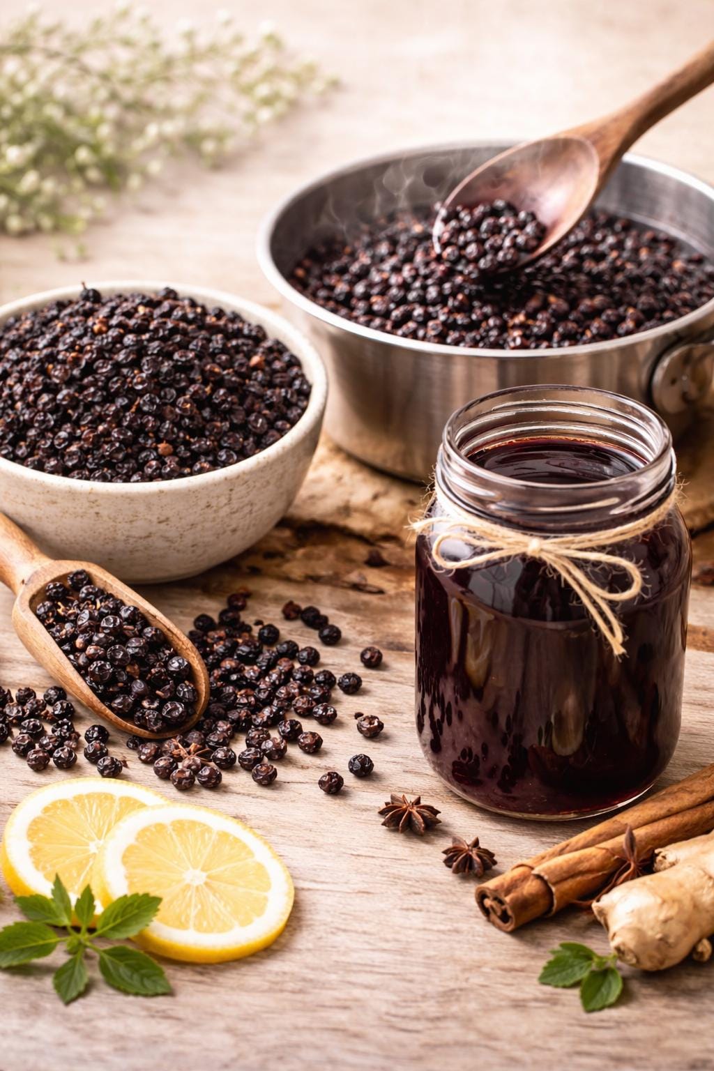 Black peppercorns in a jar, bowl, and pan on a wooden surface with lemon slices and herbs.